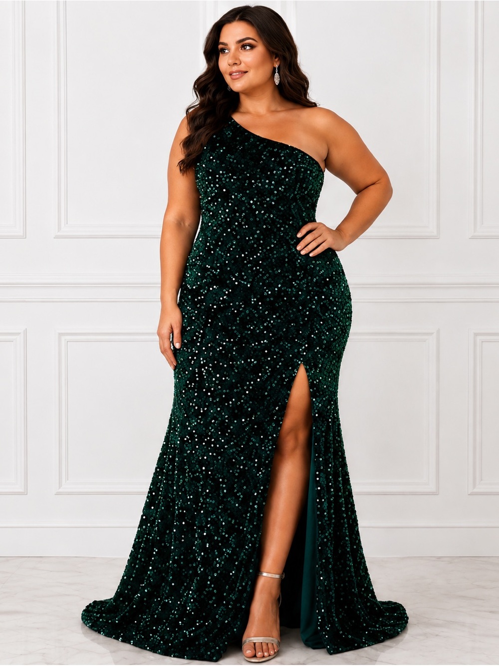 PRIMA One Shoulder Emerald Green Sequin Mermaid Gown XL Formal Evening Dress